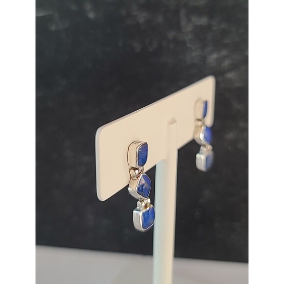 925 Sterling Silver Lapis Lazuli Beaded Dangling Pierced Earrings Vintage - Picture 4 of 10